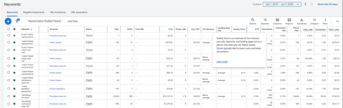 Google Ads keyword view showing Quality Score and landing page experience columns for HVAC keywords