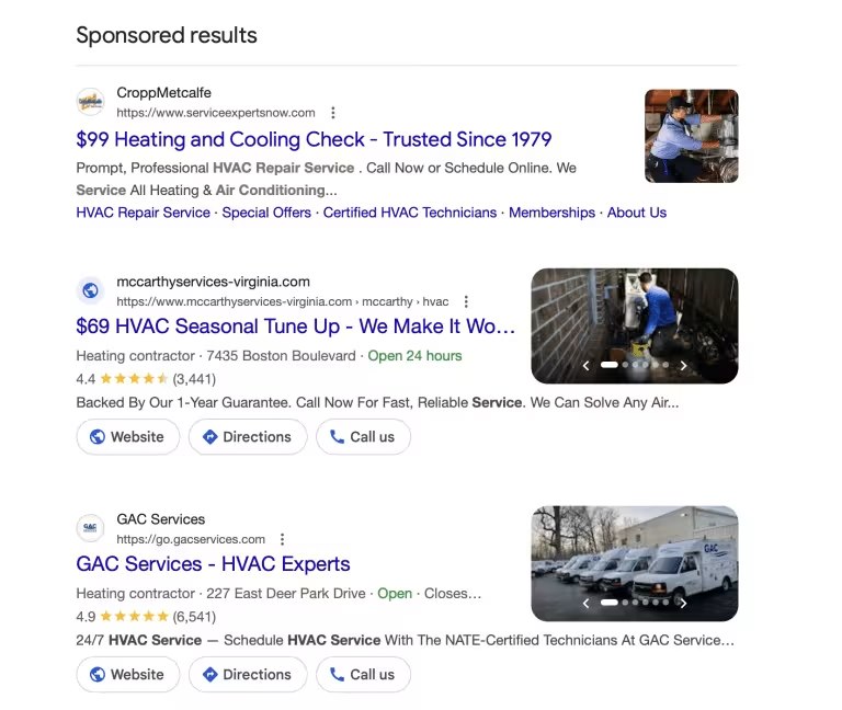 Sponsored Google Search results for HVAC contractors searching AC repair near me
