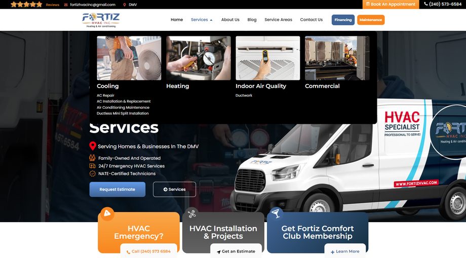 The full service menu and Services section of the built-out site