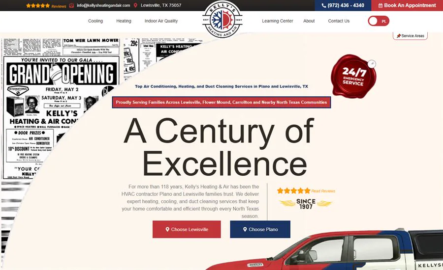 The live homepage of Kelly's Heating and Air, a family HVAC company in Lewisville, Texas