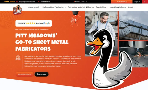 The Duct Duct Goose home page, Pitt Meadows, British Columbia, led by their goose mascot and fabrication photography