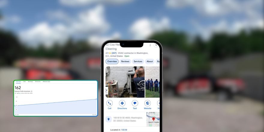A real HVAC client&rsquo;s Google Business Profile on a phone, next to the profile-interaction trend it produced