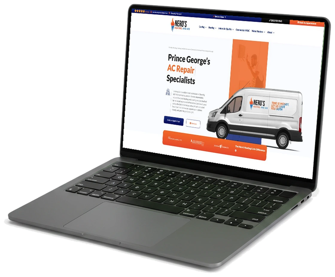 Nero&rsquo;s Heating & Air website shown on a laptop
