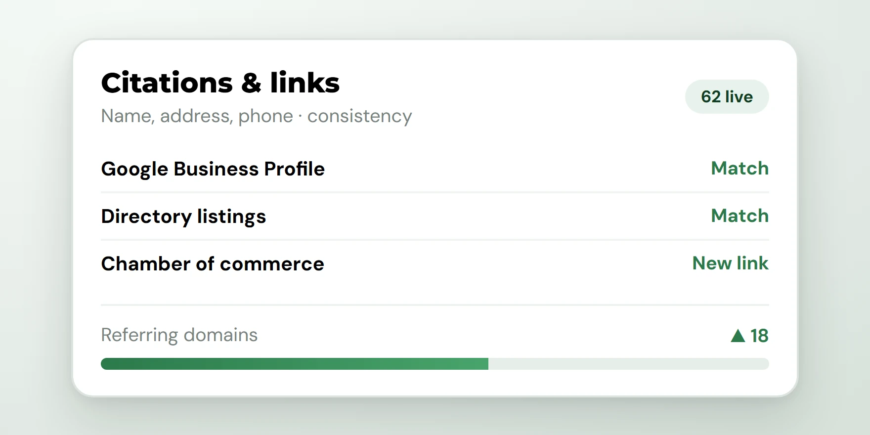 Example citation tracker showing matching business details across directories and new referring domains