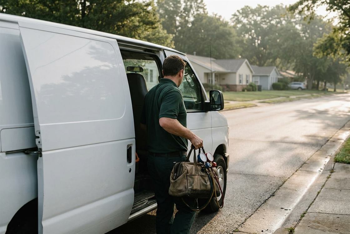 A newly established HVAC contractor standing beside a single service van with the rear doors open, gauges and a toolbag laid out ready for the first call of the day