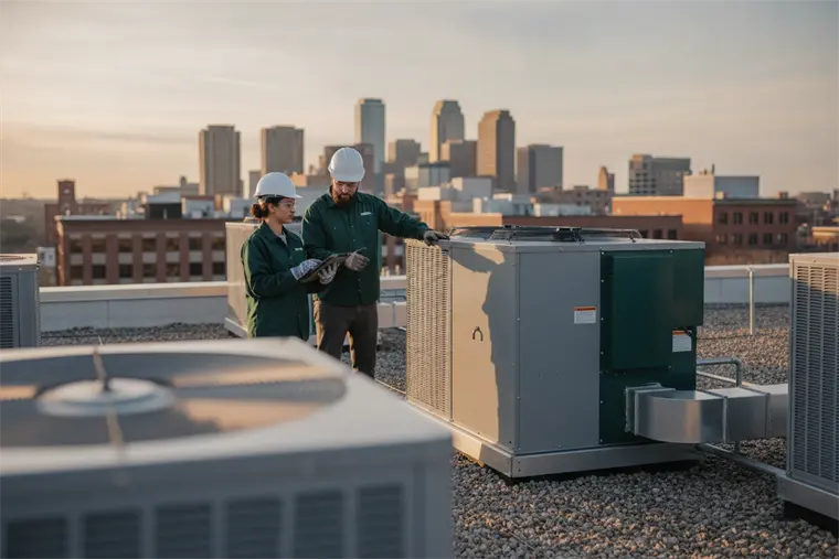 Two commercial HVAC technicians in green uniforms inspecting a rooftop packaged unit on a city building, with the downtown skyline behind them