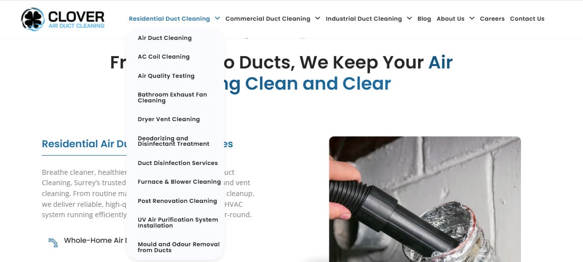 The rebuilt Clover site with its Residential Duct Cleaning menu open, listing eleven separate service pages