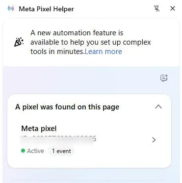 Meta Pixel Helper confirming an active pixel on the website