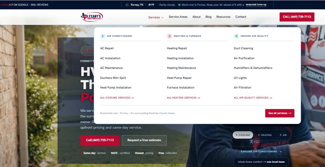 Lexany&rsquo;s Heating & AC website, rebuilt with dedicated service pages and hyper-local location pages