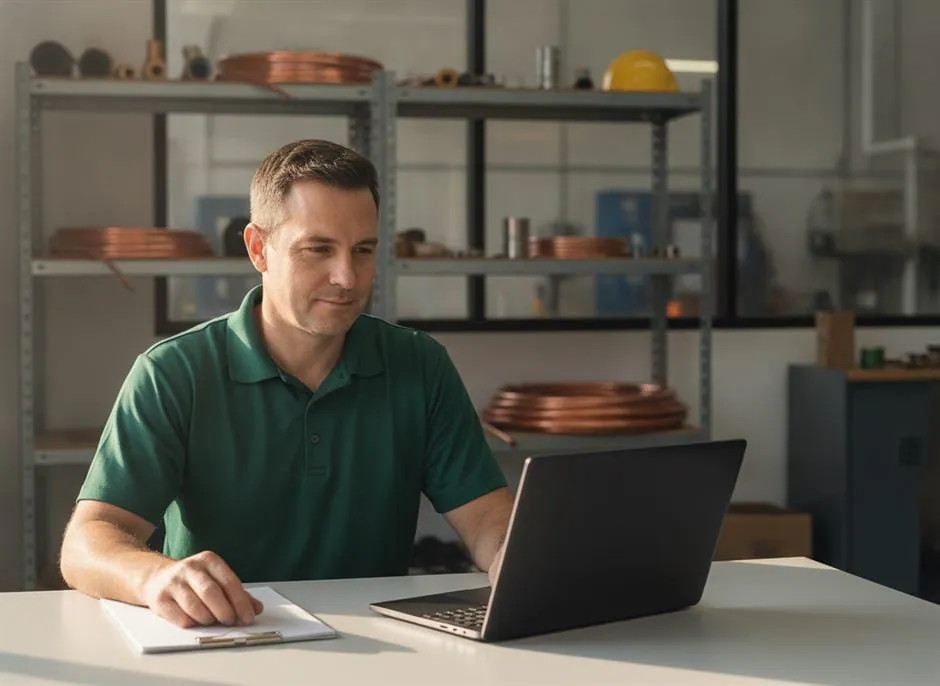 The owner of an HVAC contracting company reviewing his laptop at a desk in his service shop
