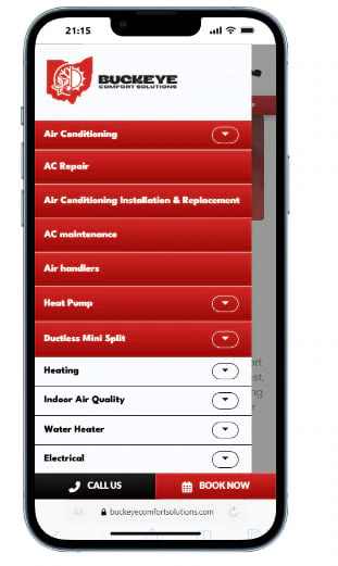 HVAC website mobile menu listing every service from AC repair to electrical