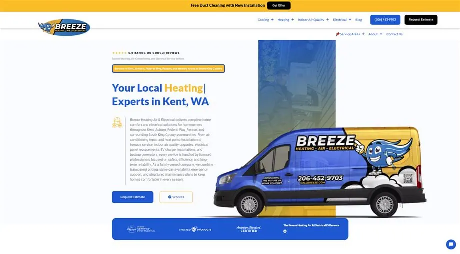The Breeze Heating, Air & Electrical website after the rebrand from NW Superior Services, with blue-and-yellow branding
