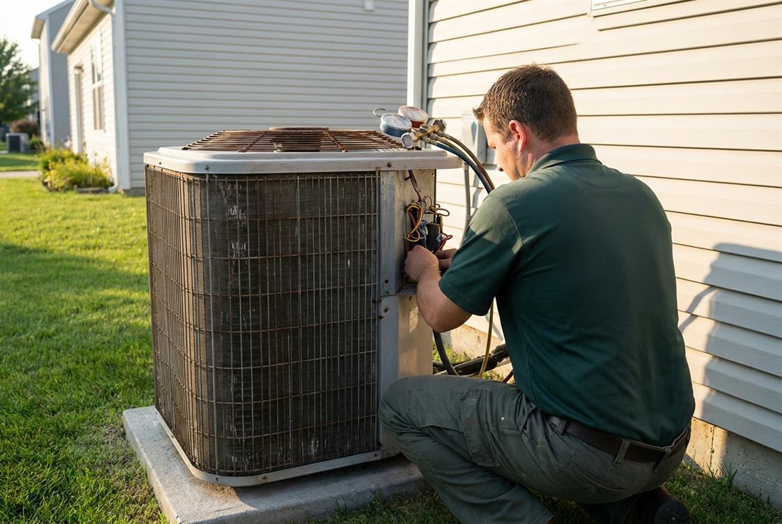 An HVAC technician servicing the outdoor condenser unit at the side of a suburban home, with gauges connected to the service valves