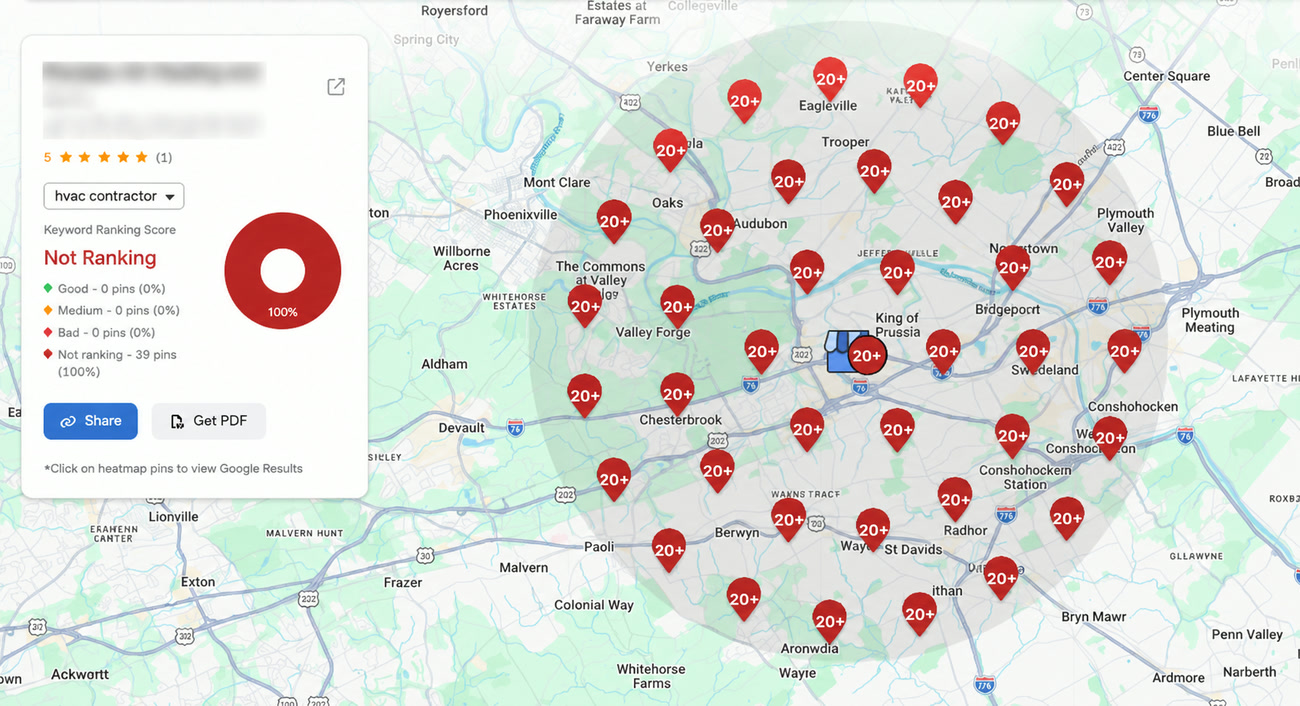 Local rank grid heatmap showing an HVAC business ranking outside the top spots across its service area