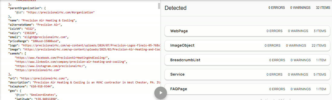 Structured data markup with detected schema types for an HVAC site