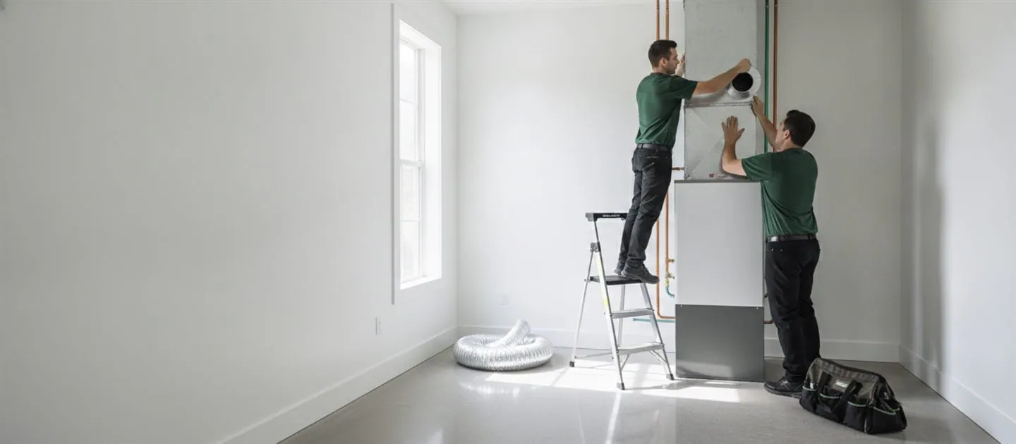 Two HVAC technicians installing an air handler and ductwork in a bright residential utility room