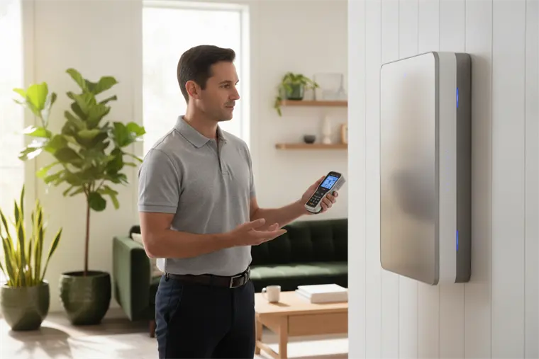 An indoor air quality technician fitting a media air cleaner to a residential furnace