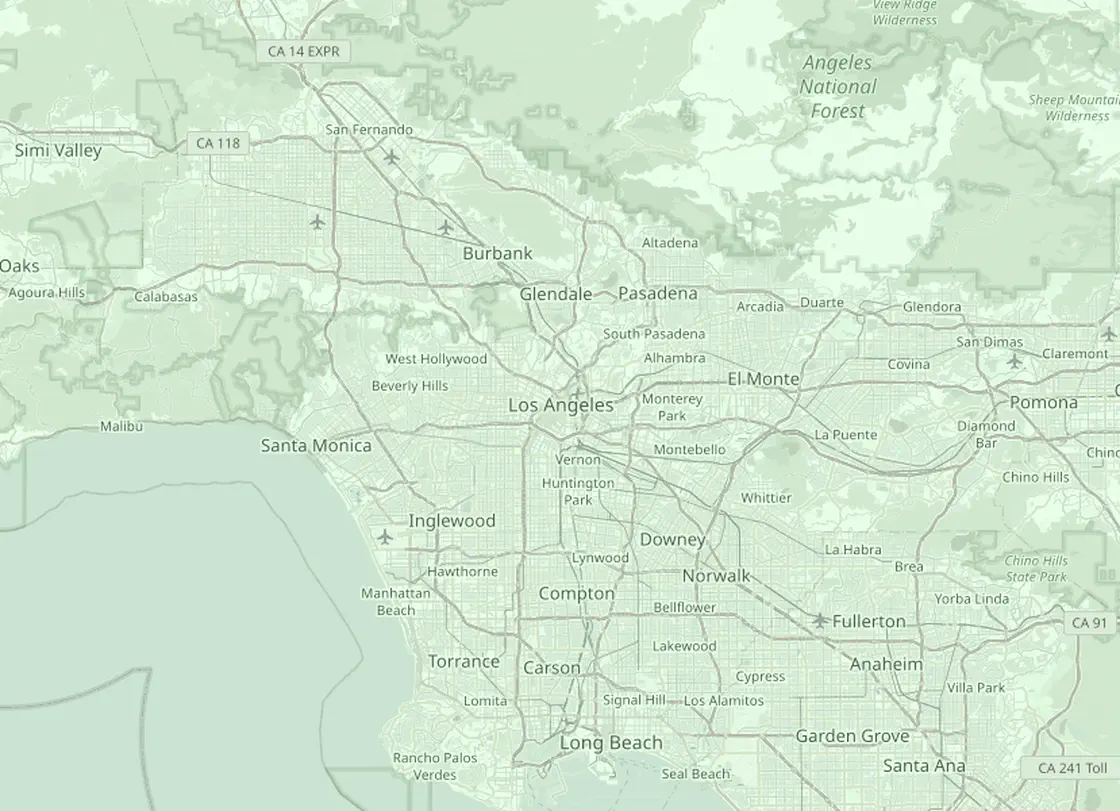 Coverage map of the Los Angeles HVAC service area, with Los Angeles and the nearby markets Glendale, Santa Monica, Pasadena, Long Beach, Anaheim