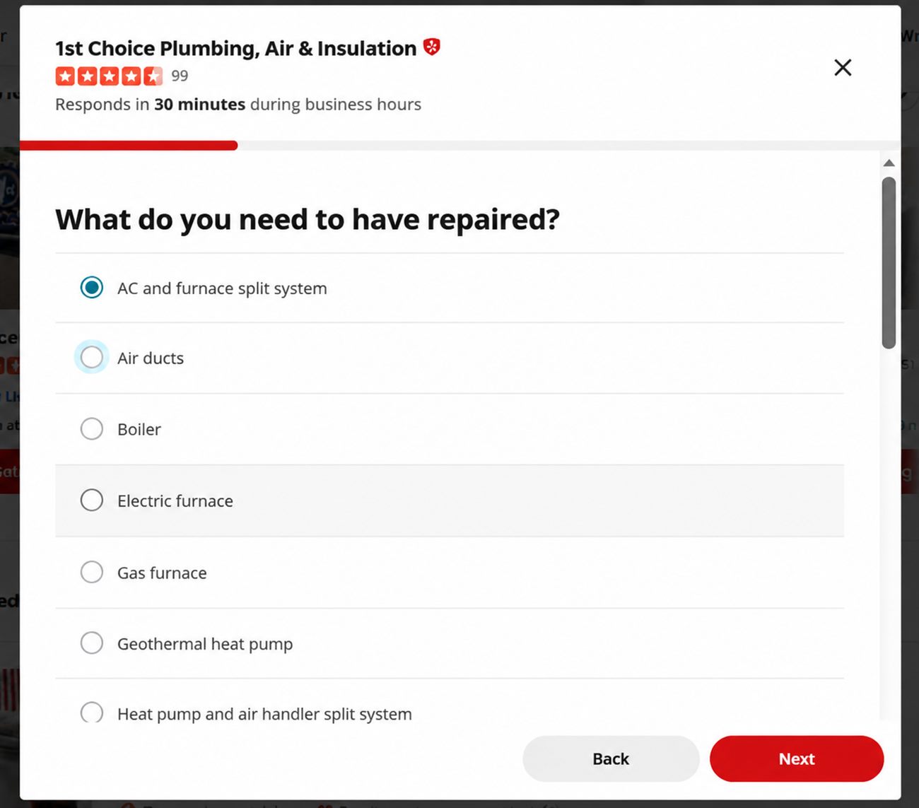 Yelp Request a Quote form for HVAC service