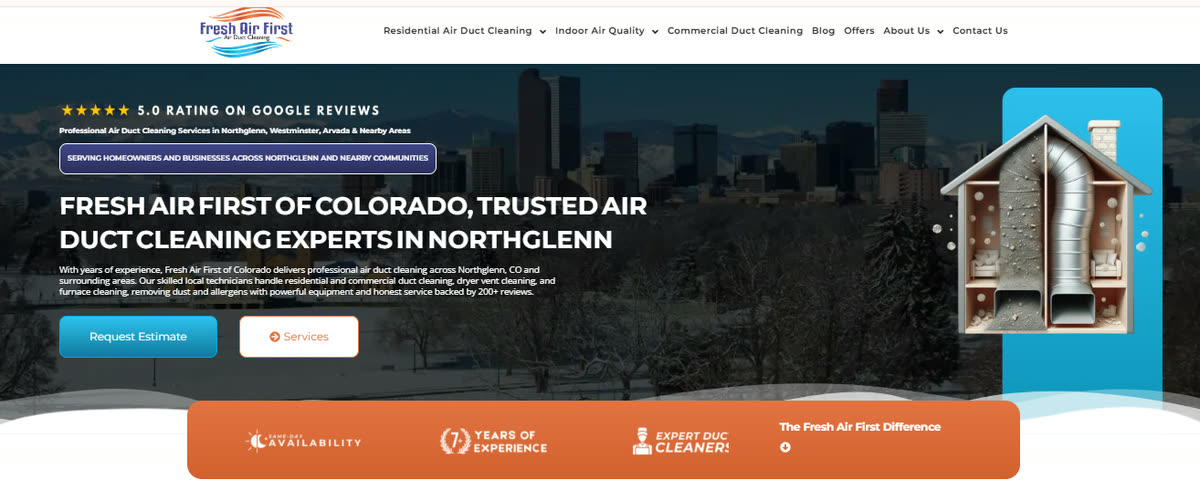 The rebuilt Fresh Air First home page with separate menus for residential air duct cleaning, indoor air quality and commercial duct cleaning