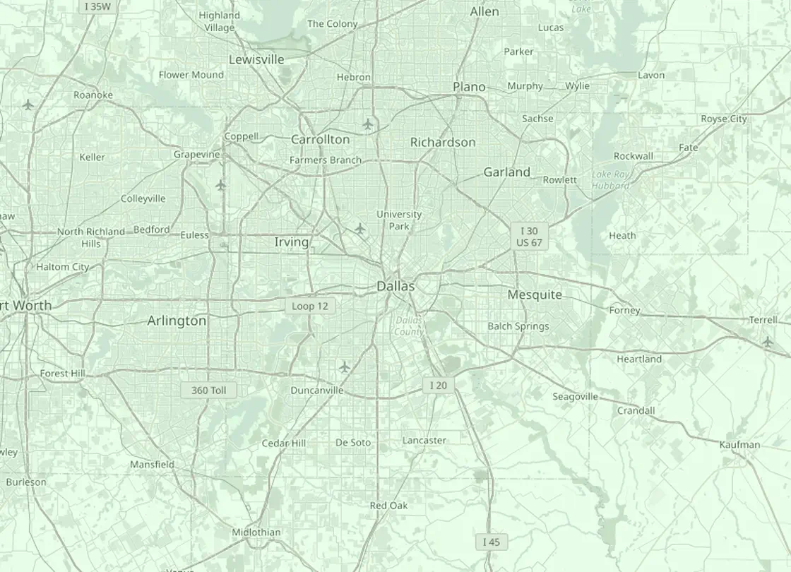 Coverage map of the Dallas HVAC service area, with Dallas and the nearby markets Plano, Irving, Garland, Arlington, Rockwall