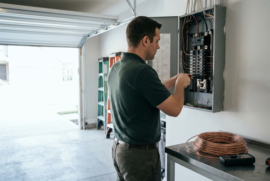 An electrician in a hard hat working inside an open residential electrical panel, testing a breaker with a multimeter while the branch circuits are labelled beside it