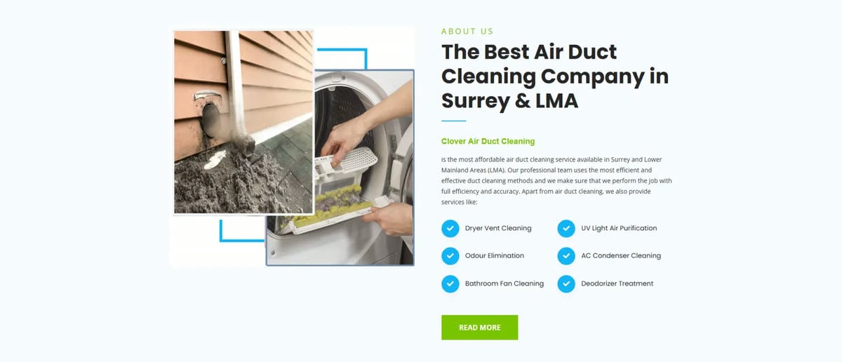 The previous Clover Air Duct Cleaning website, showing a short about section with a service checklist and one paragraph of copy