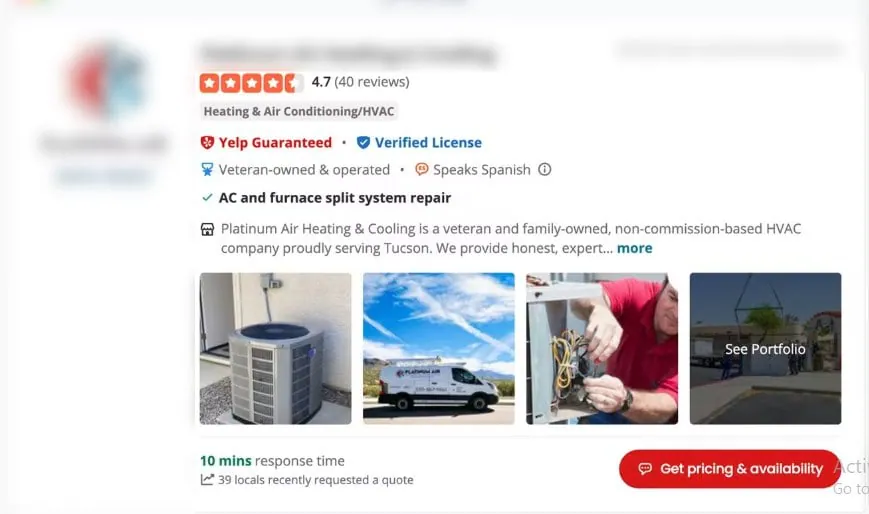 Platinum Air Heating & Cooling Yelp business profile with 4.7 rating and 10-minute response time