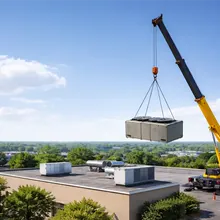 A mobile crane lifting a packaged rooftop HVAC unit