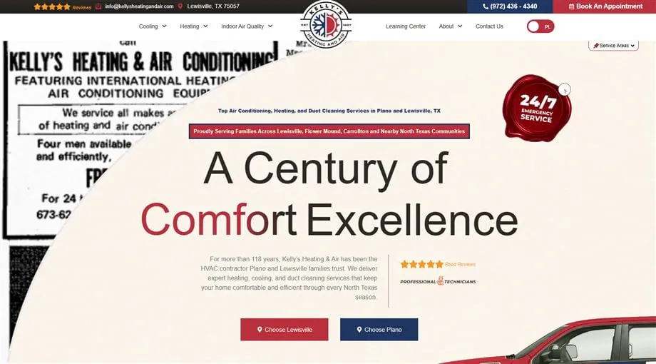 The rebranded Kelly&rsquo;s Heating & Air website, with a vintage ad collage and a &lsquo;A Century of Comfort Excellence&rsquo; headline