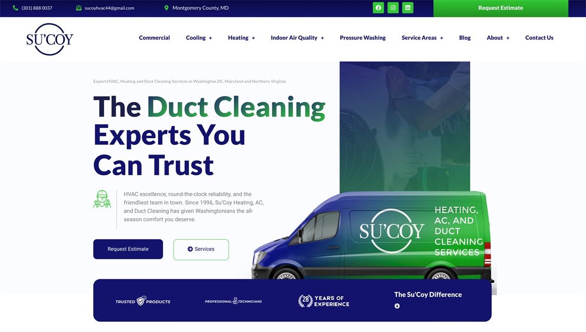 The rebuilt Su’Coy homepage, led by a branded service van and a clear estimate request