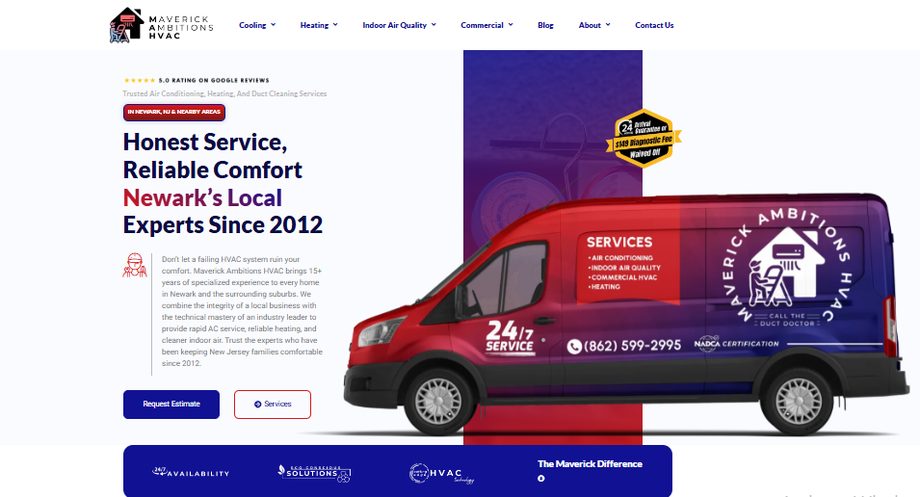 The Maverick Ambitions HVAC website telling the owner&rsquo;s Newark community story, with a branded red service van