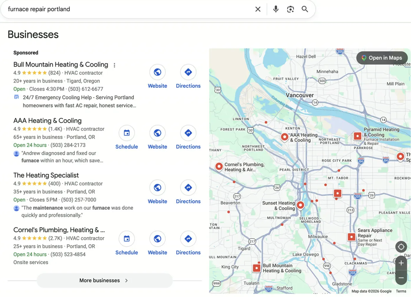 A real Google local results panel for a furnace repair search, showing a sponsored HVAC listing above three organic listings, each with a 4.9 star rating, years in business, opening hours and a review snippet, beside the map of their locations