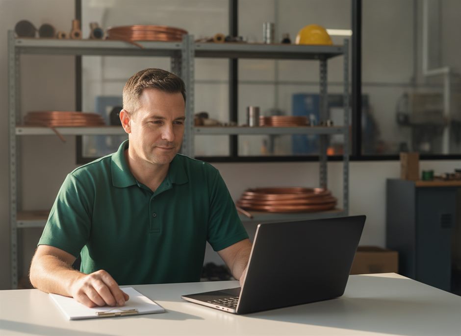 The owner of an HVAC contracting company reviewing his laptop at a desk in his service shop