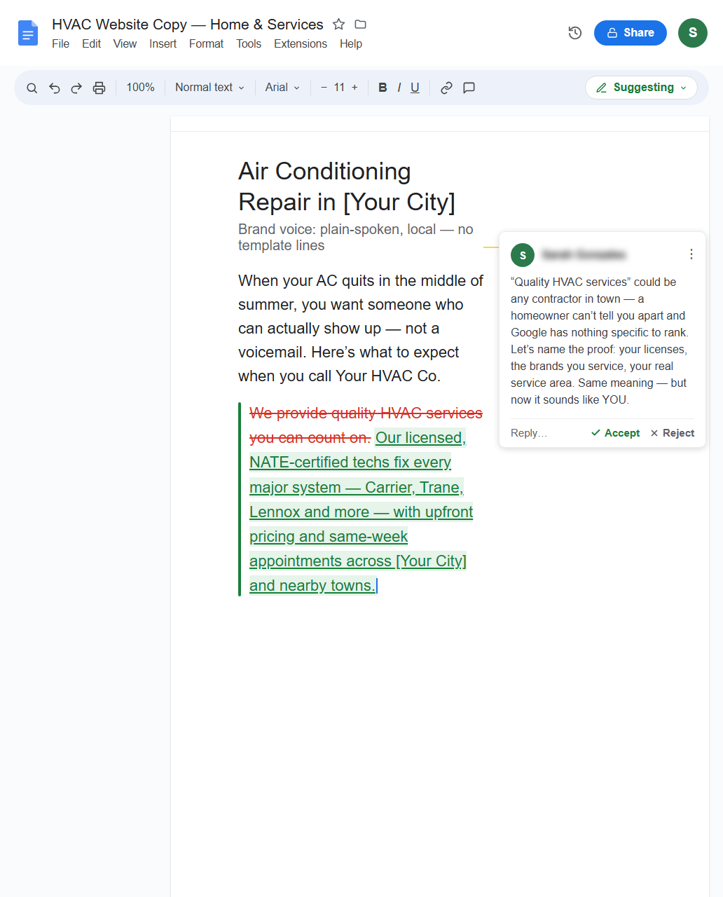 A Google Docs copy editor in Suggesting mode, where an RS Gonzales copywriter rewrites a generic HVAC line into specific, homeowner-focused proof