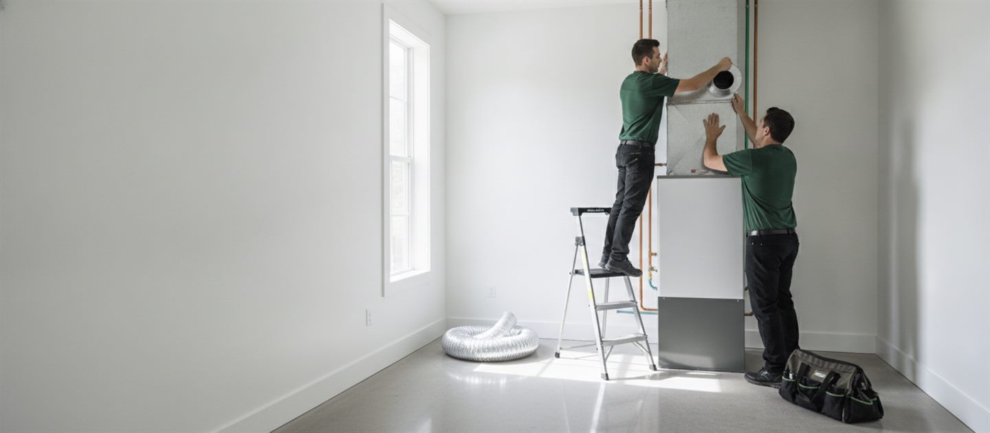 Two HVAC technicians installing an air handler and ductwork in a bright residential utility room