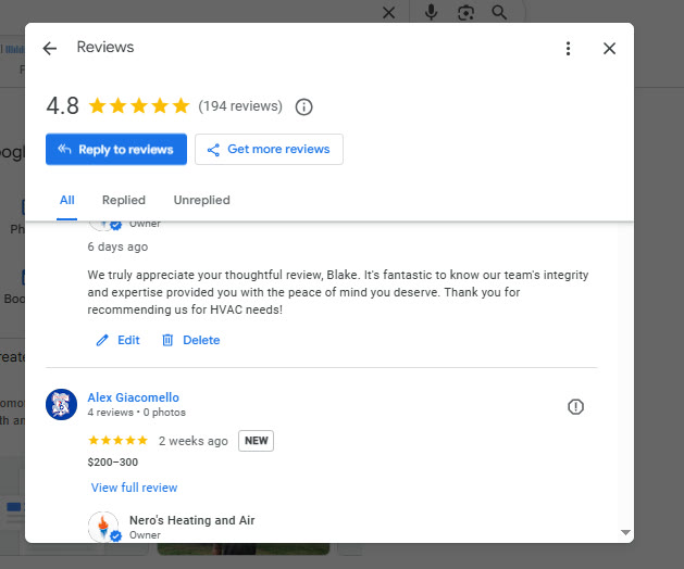 Google reviews panel for an HVAC business with a 4.8-star rating