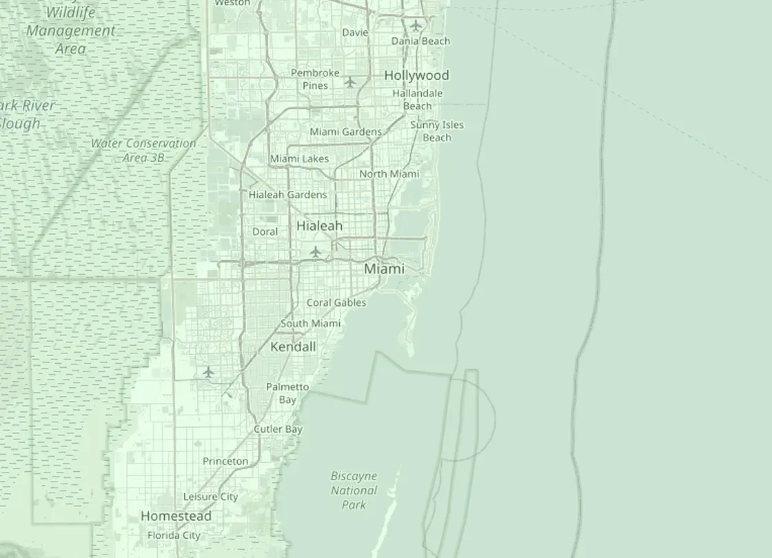 Coverage map of the Miami HVAC service area, with Miami and the nearby markets Miami Beach, Coral Gables, Hialeah, Hollywood, Homestead