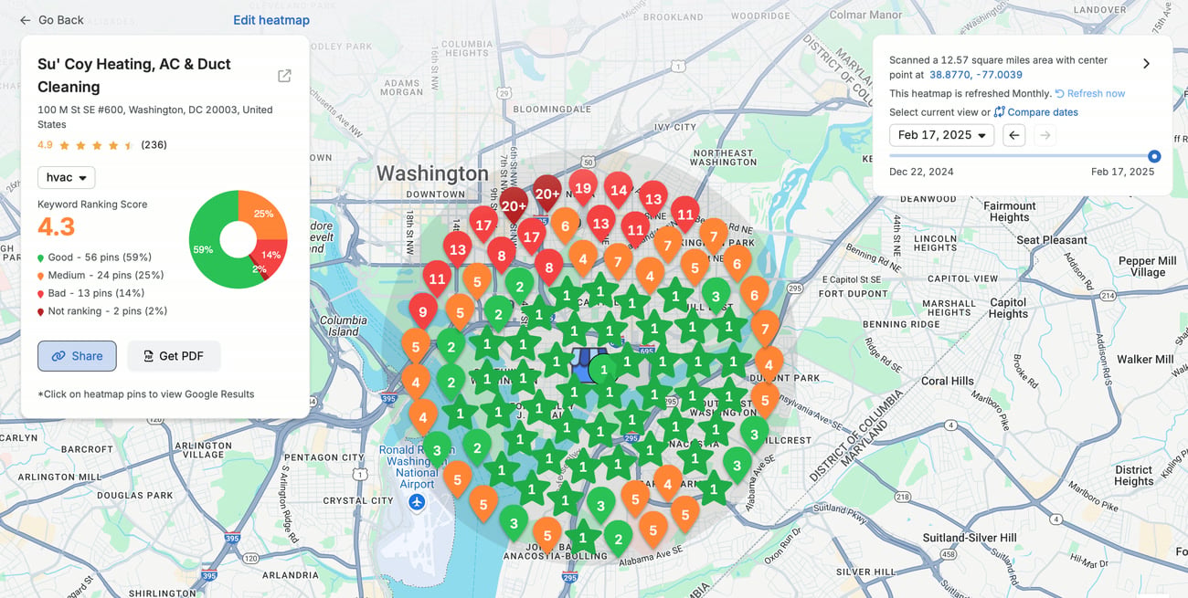 Local ranking grid heatmap across the Washington DC service area for the contractor