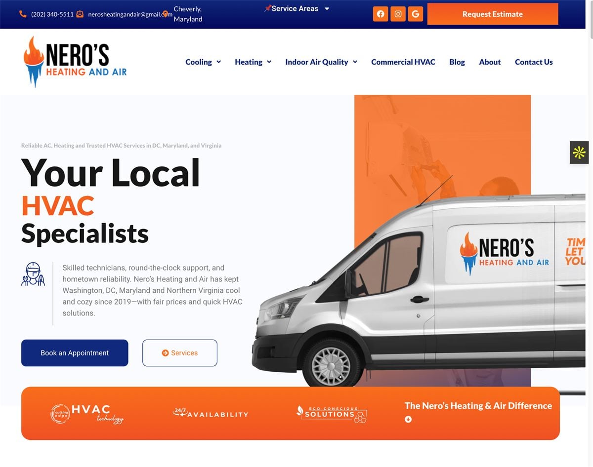 The rebuilt Nero&rsquo;s Heating & Air homepage, led by a branded service van and a booking call to action