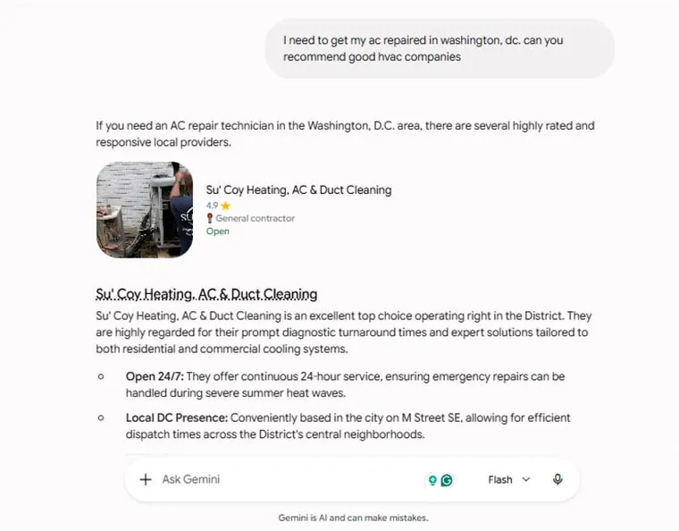 Gemini AI answer recommending Su'Coy Heating, AC and Duct Cleaning first for AC repair in Washington DC