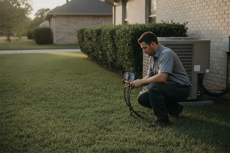 An HVAC technician crouching beside a home’s outdoor air-conditioning condenser unit, reading a manifold gauge