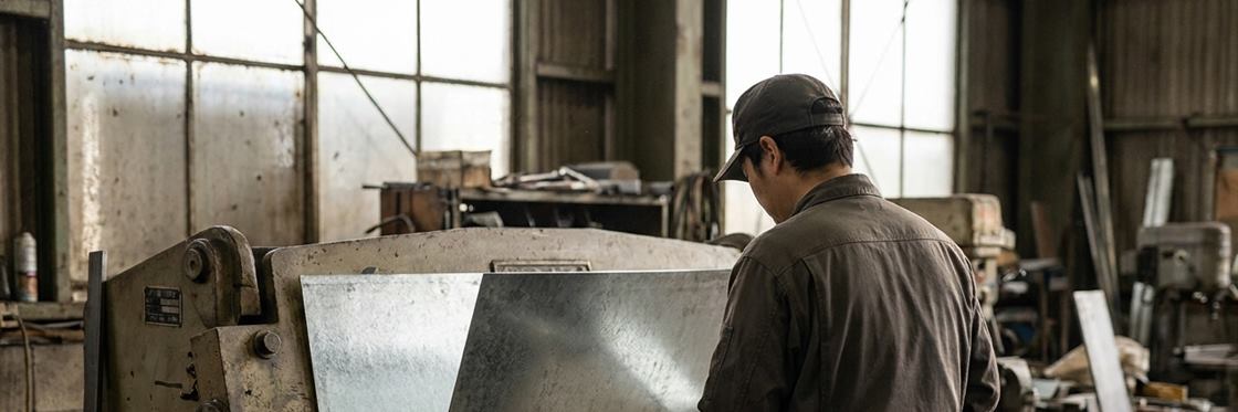 A press brake forming a sheet of galvanised steel, the operator at the machine.