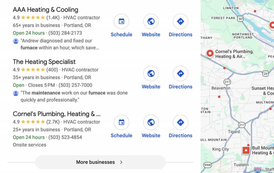 Google local map pack showing HVAC contractors ranking for heat pump repair: three listings with star ratings, review counts and phone numbers, then a More businesses link