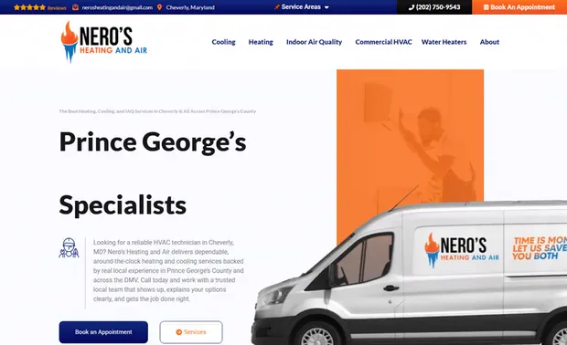 The Nero&rsquo;s Heating & Air home page, Cheverly, Maryland, led by their branded service van