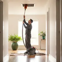 An air duct cleaning technician feeding a brush hose into a ceiling vent
