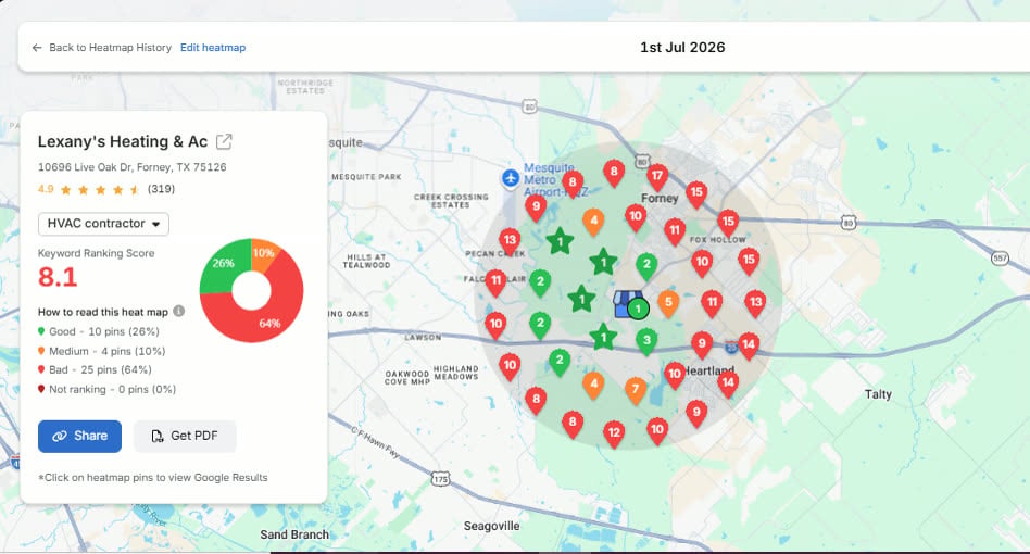 Local ranking heatmap for Lexany&rsquo;s Heating & AC across Forney, Texas, with green top-ranking pins clustered near the shop