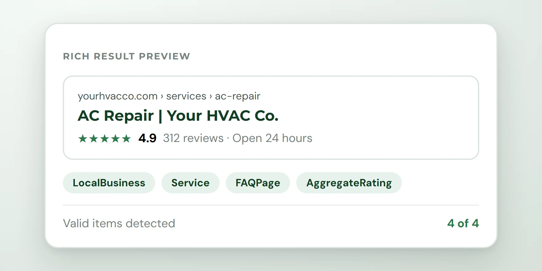 Example rich result preview with star rating and opening hours, above the schema types detected