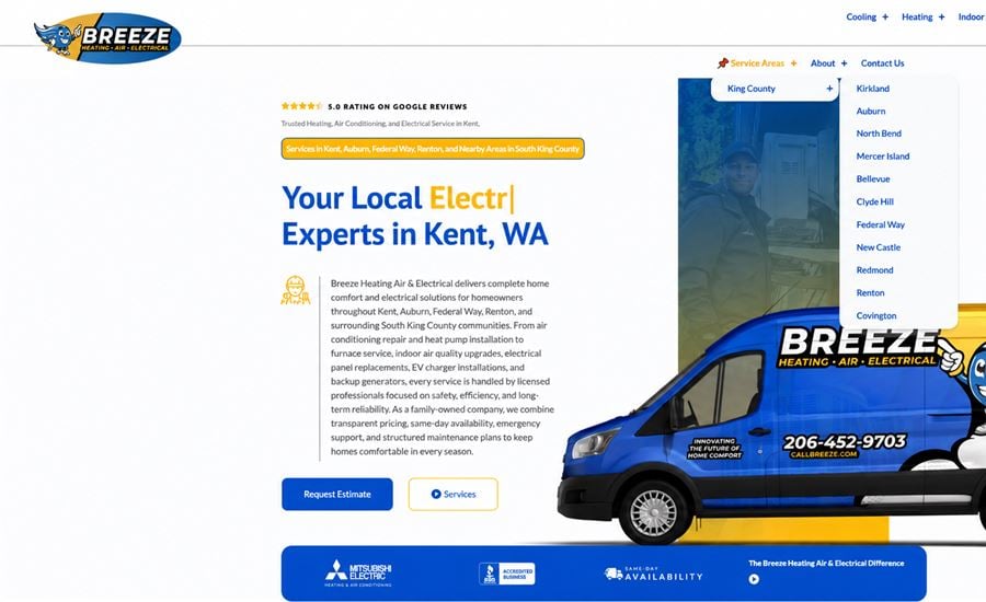 The Breeze Heating, Air & Electrical home page, Kent, Washington, led by their wrapped service van and mascot