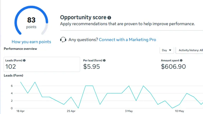 A Google Ads account view showing an opportunity score, form leads, cost per lead and total spend over the last month